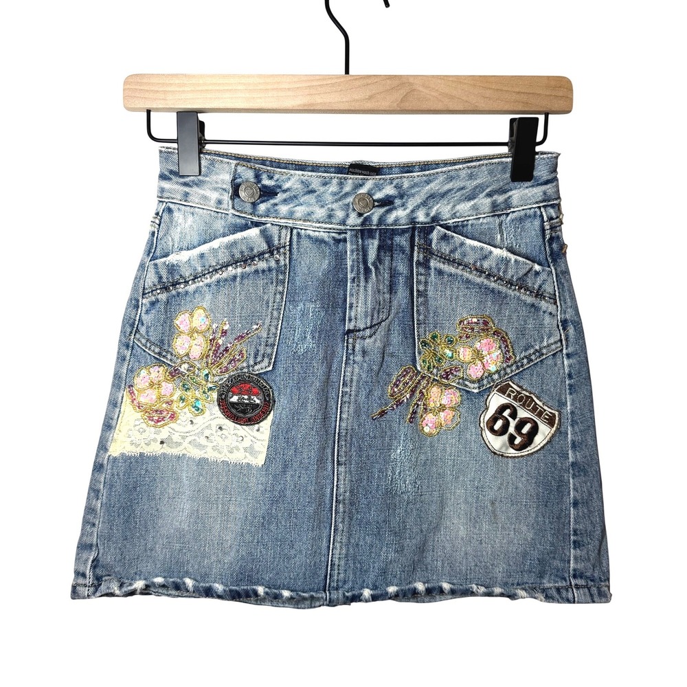 VTG 90s Sweet Jane Jeans Mini Skirts Patchwork Lace Sequins Light Wash y2K SZ XS